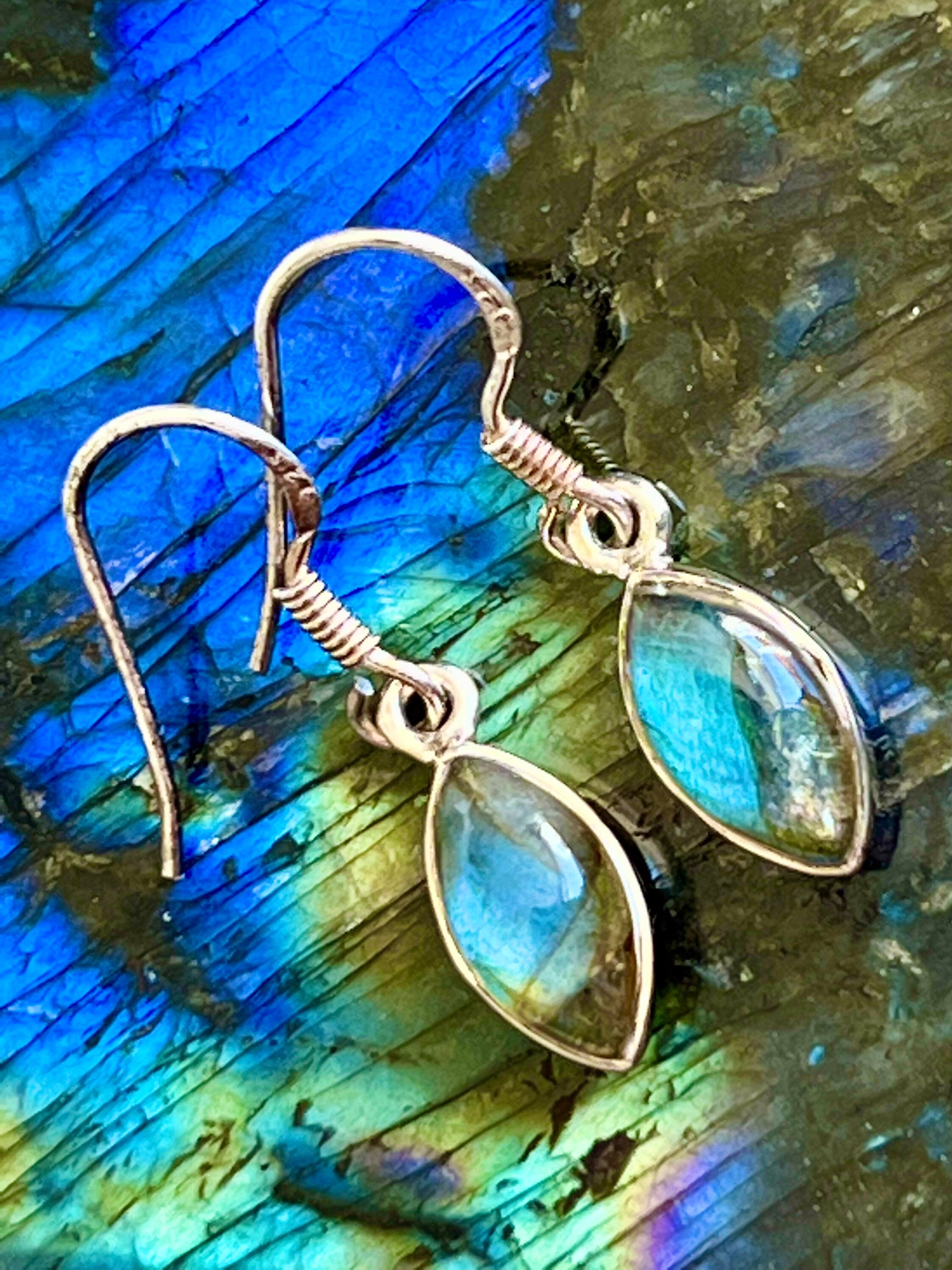 Labradorite Crystal Drop Earrings, 925 Sterling Silver, dangle crystal jewellery gift for her, metaphysical shop, gemstone for intuition
