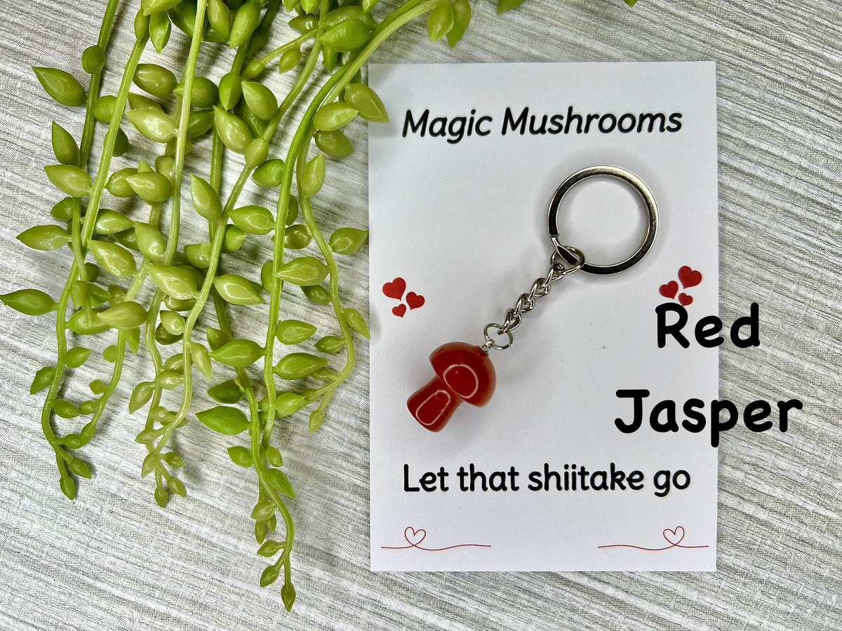 Crystal Mushroom Keyring, Jade Gift, Clear Quartz, Green Aventurine, Tigers Eye, Red Jasper, Sodalite, Dalmatian Jasper, Gift for new home