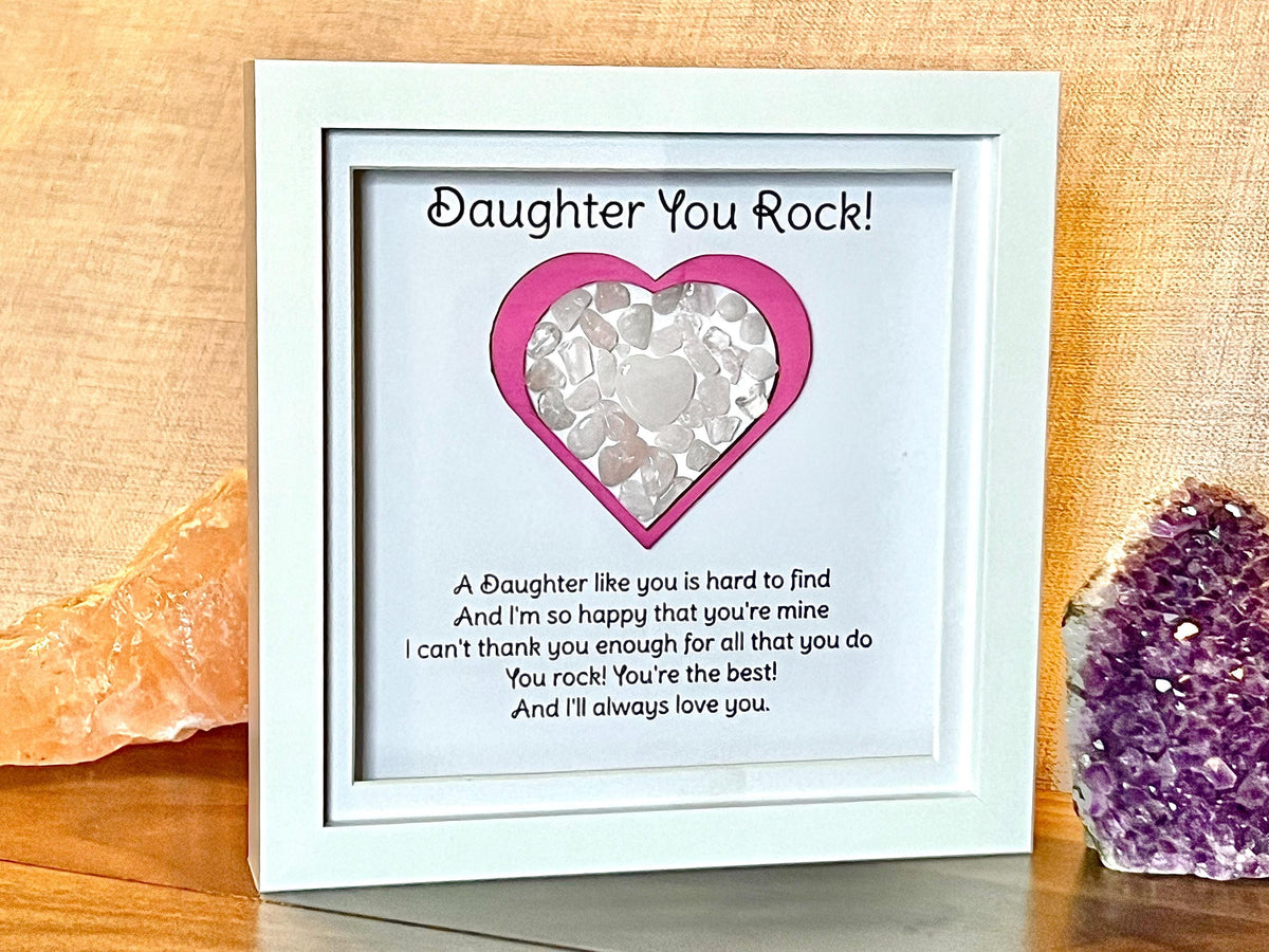 Daughter Gift, Framed Rose Quartz Crystal Heart, Wall Art Decor