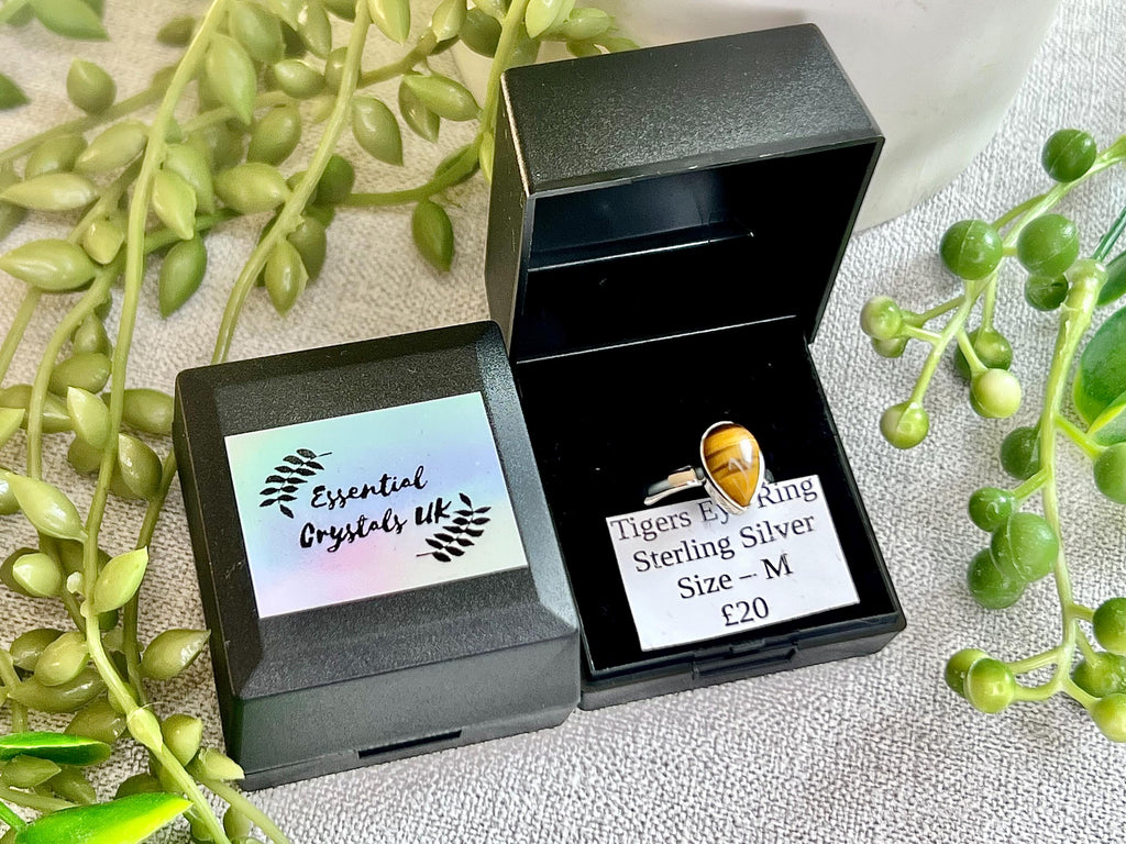 Tigers Eye Crystal Ring Size M, 925 Sterling Silver, Healing Crystal Jewellery Gift, Golden Gemstone for strength, UK Ethically sourced