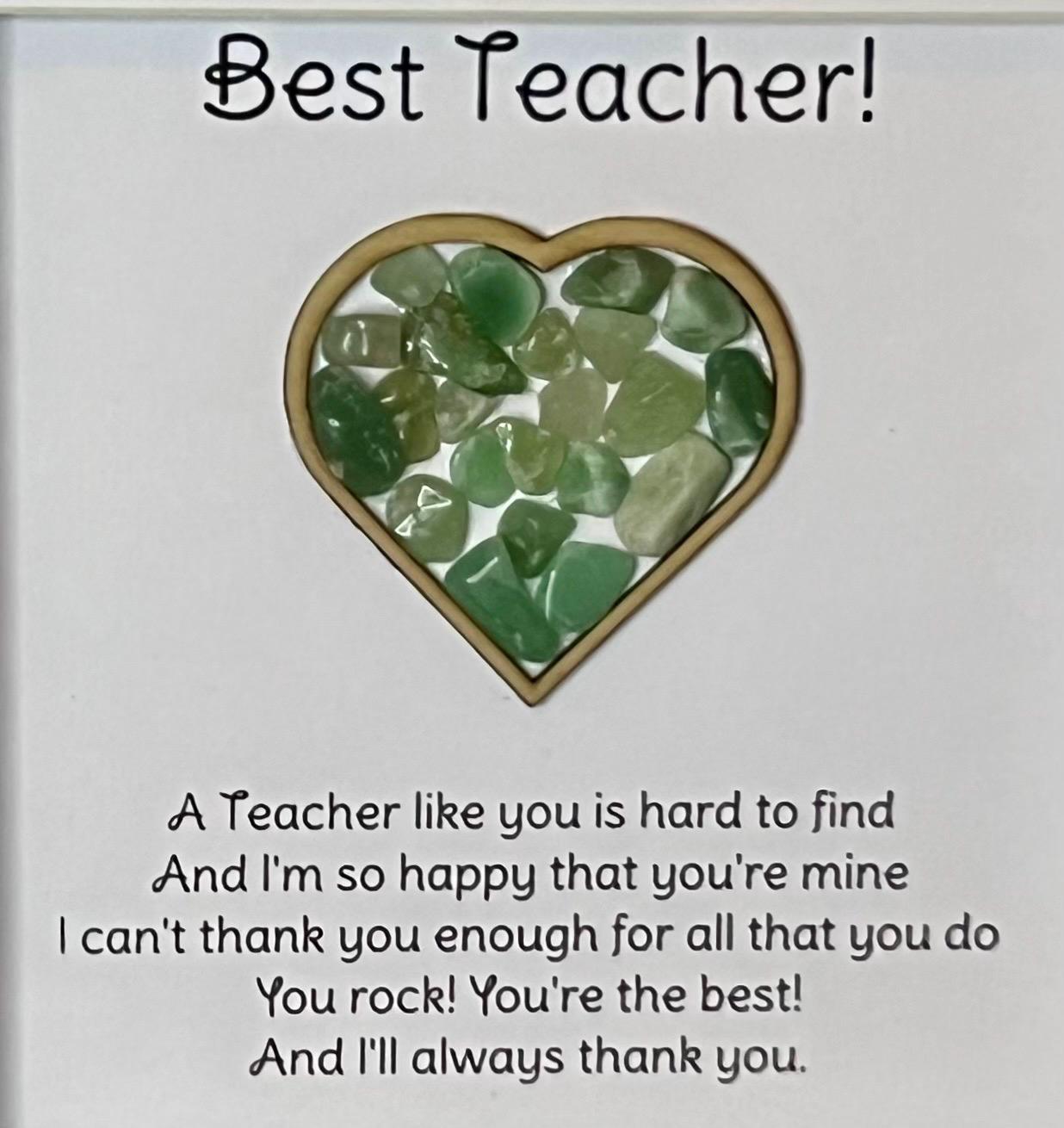 Teacher thank you gift, framed crystal heart and poem, metaphysical shop, wall art decor, aventurine gemstone gift, green crystal present