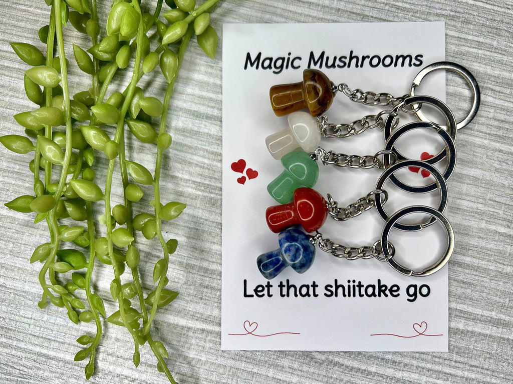 Crystal Mushroom Keyring, Jade Gift, Clear Quartz, Green Aventurine, Tigers Eye, Red Jasper, Sodalite, Dalmatian Jasper, Gift for new home