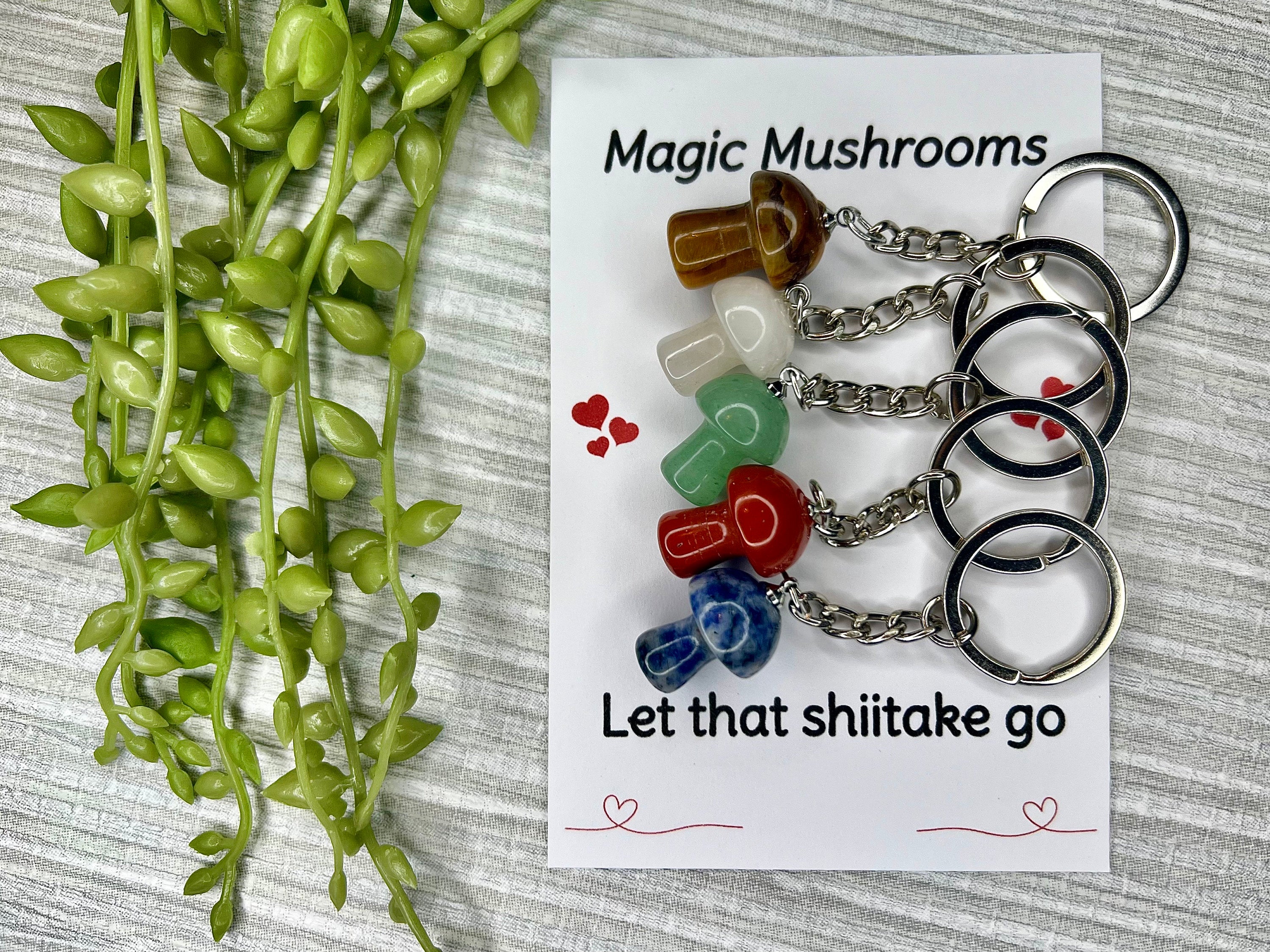 Crystal Mushroom Keyring, Jade Gift, Clear Quartz, Green Aventurine, Tigers Eye, Red Jasper, Sodalite, Dalmatian Jasper, Gift for new home