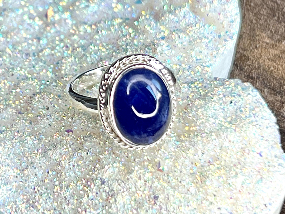 Sodalite Crystal Ring Size L &1/2, 925 Sterling Silver, Healing Crystal Jewellery Gift for her, Blue Gemstone for calm, UK Ethically sourced
