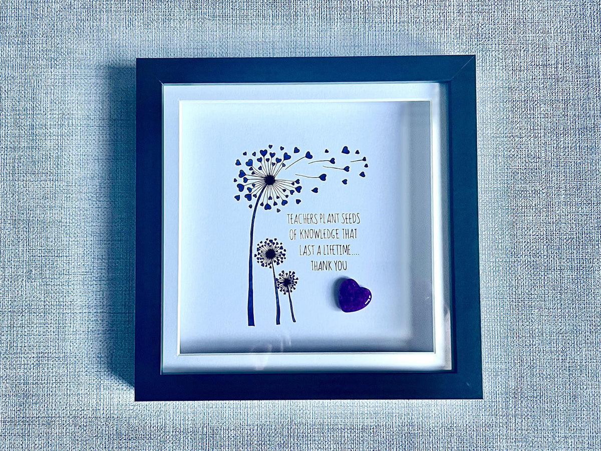 Teacher thank you gift, framed crystal heart and poem, metaphysical shop, wall art decor, gemstone gift, choose your own crystal present