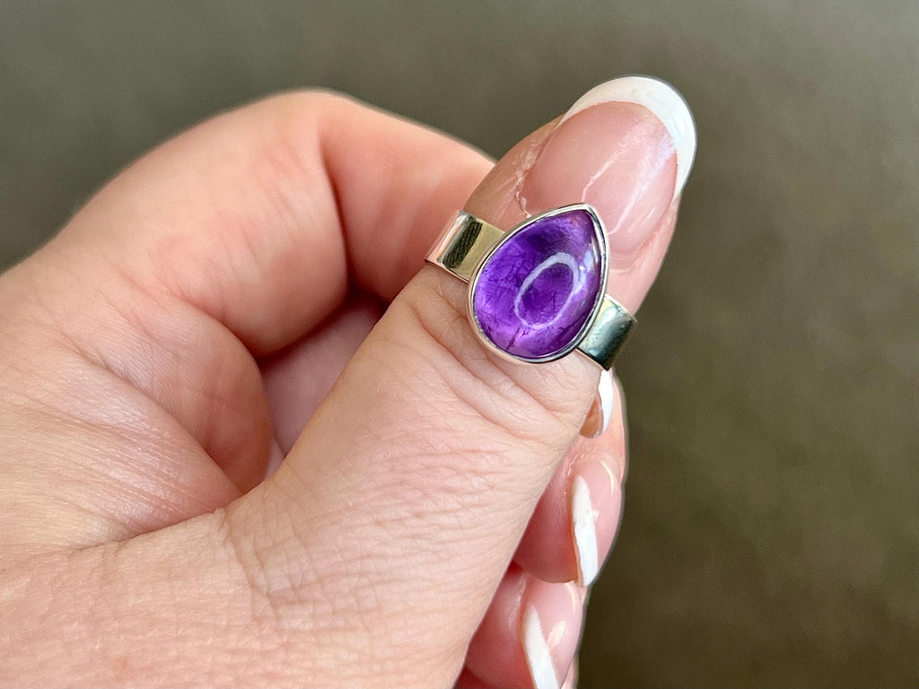 Amethyst Crystal Ring Adjustable, 925 Sterling Silver, Healing Crystal Jewellery Gift, Purple Gemstone for anxiety, UK Ethically sourced