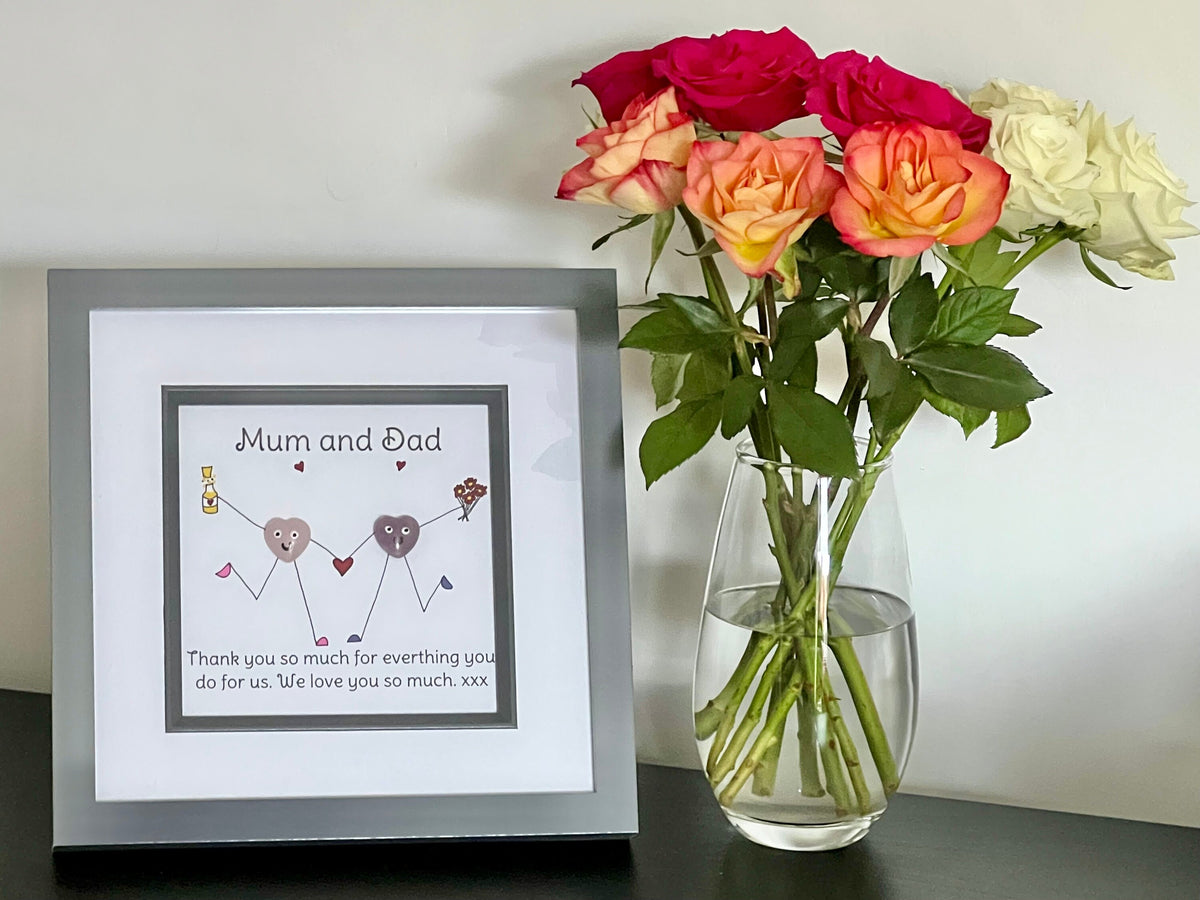 Framed crystal gift for Mum and Dad, hand drawn picture for Mum and Dad, Healing crystals thank you gift,  wall art present for Mothers Day