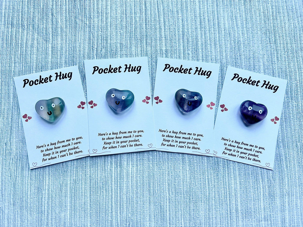 Fluorite crystal pocket hug heart, Valentine’s letterbox gift, Mother’s Day, I miss you gift, love you, thinking of you, thank you gift