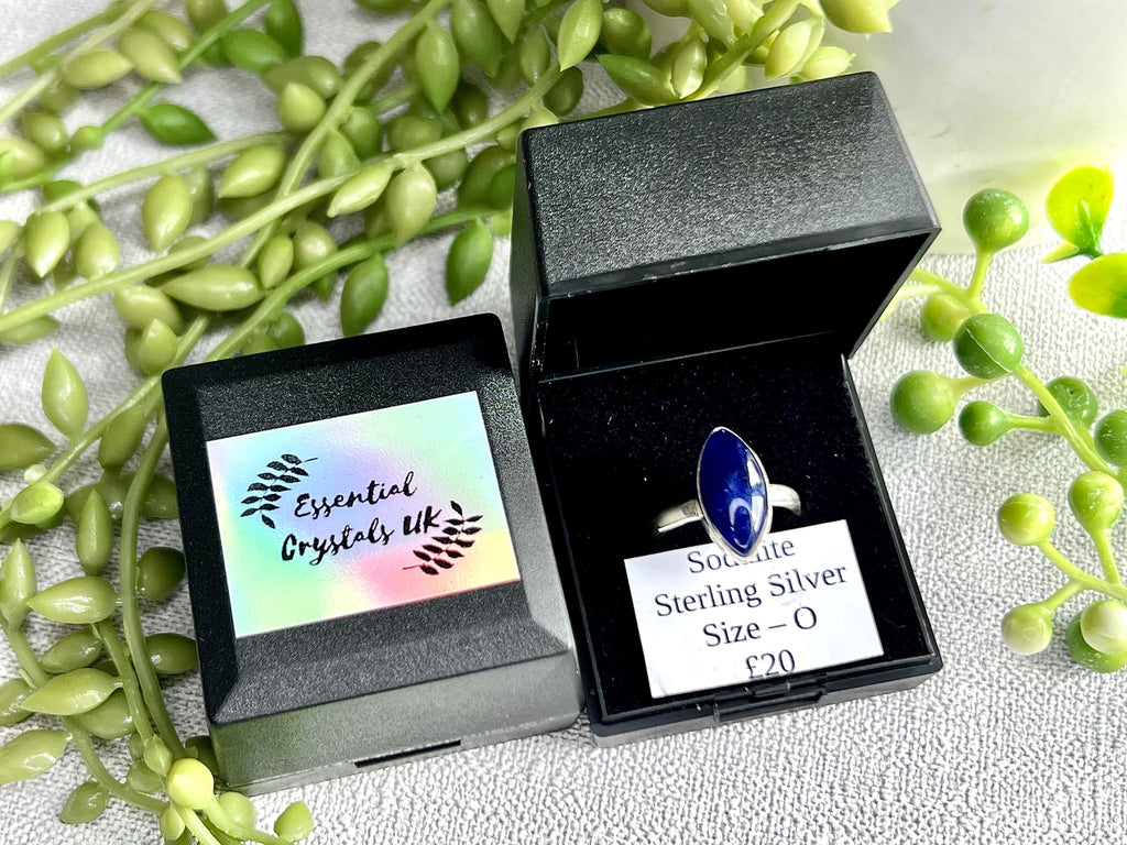 Sodalite Crystal Ring Size O, 925 Sterling Silver, Healing Crystal Jewellery Gift for her, Blue Gemstone for calm, UK Ethically sourced