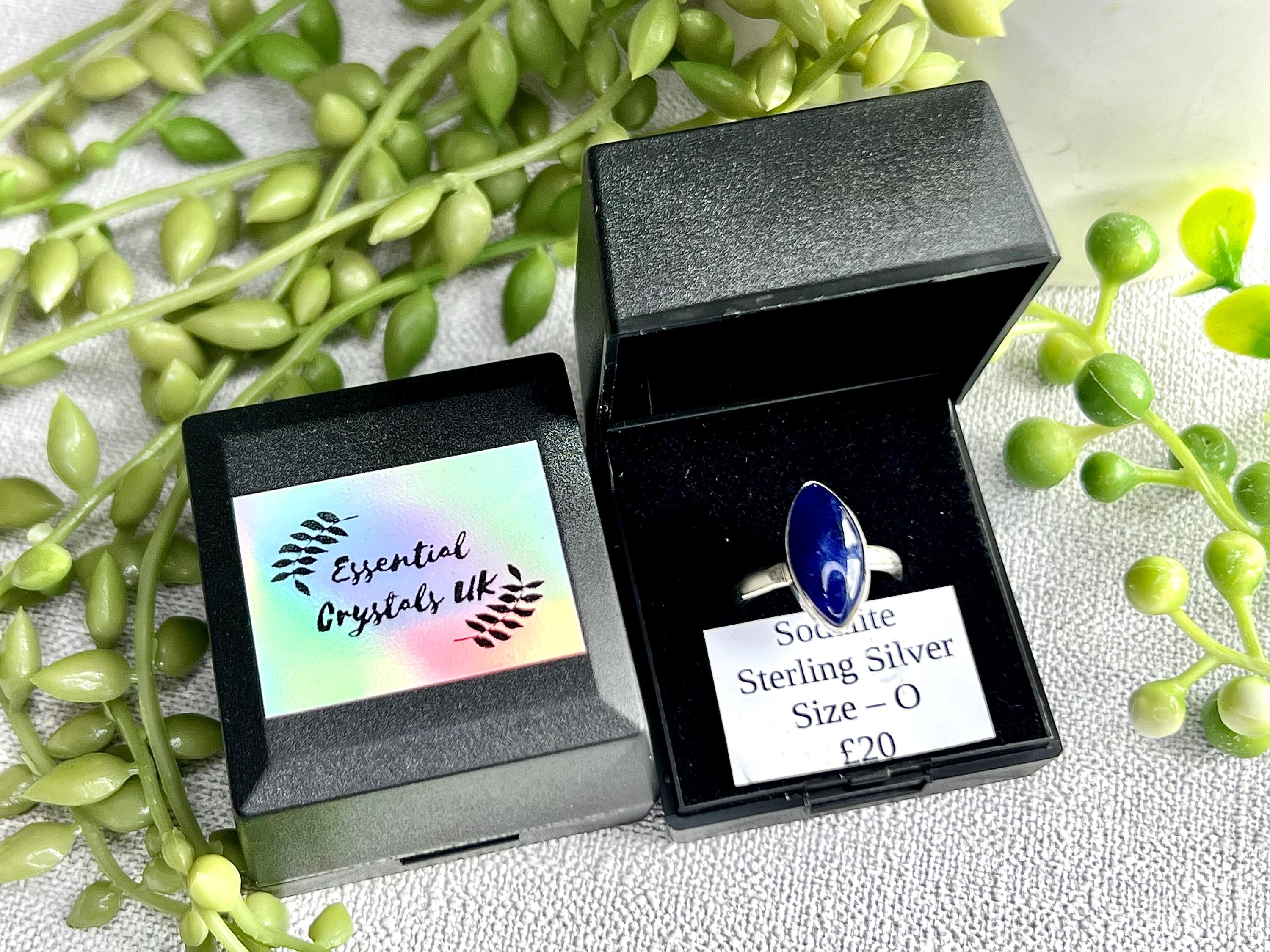 Sodalite Crystal Ring Size O, 925 Sterling Silver, Healing Crystal Jewellery Gift for her, Blue Gemstone for calm, UK Ethically sourced