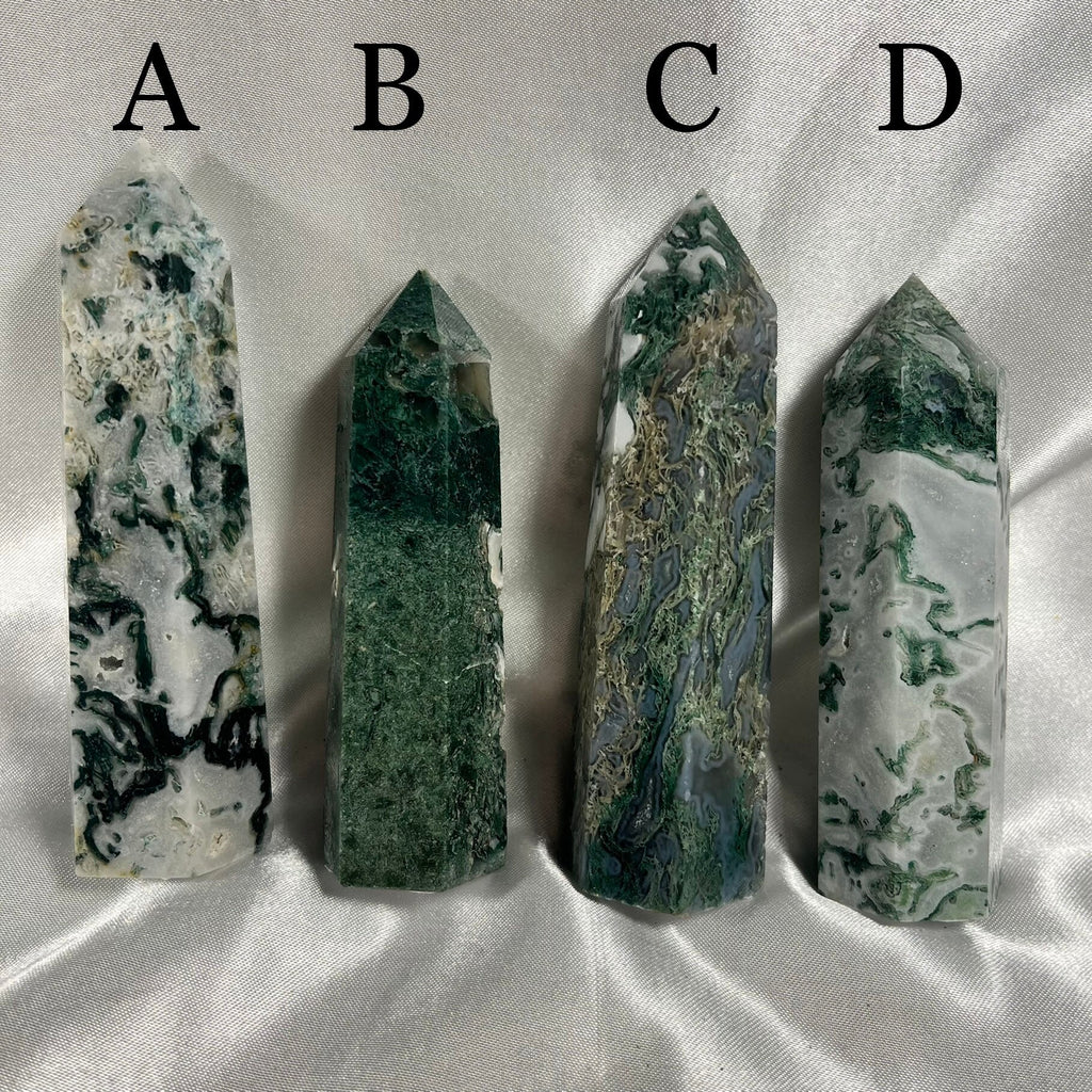 Moss Agate Points, Green and White Crystal Obelisk, Ethically Sourced, UK Metaphysical tower, Crystal gift for strength, Heart Chakra Stone