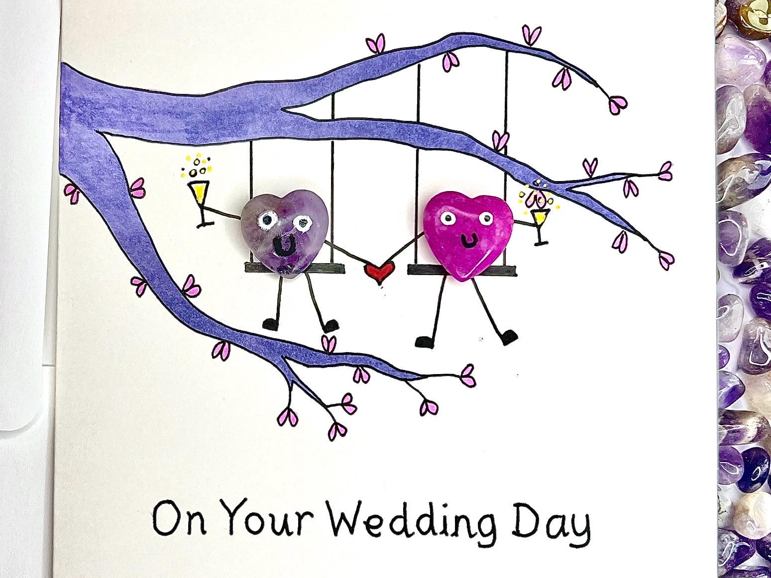 Wedding Crystal Cards, Pocket Hug Greetings Card for Bride and Groom, Handmade Keepsake Gift, Pink, Blue and Purple Amethyst Heart Gemstones