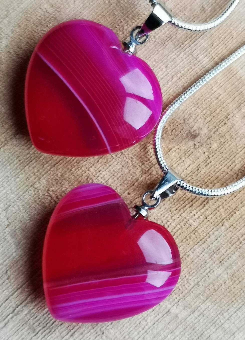 Two Matching Pink Agate Heart Crystal Necklaces on Silver Chains, UK Crystals, Ethically Sourced, Crystal Birthday Gift, Crystal Jewellery
