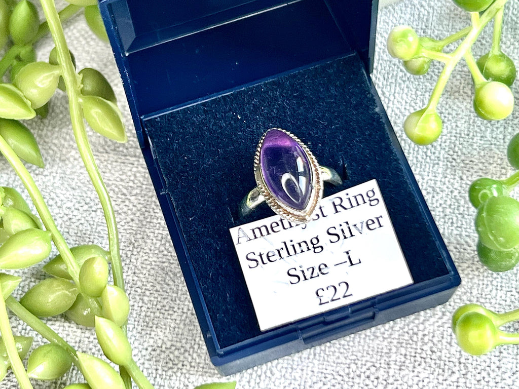 Amethyst Crystal Ring, UK Size L & 1/2, 925 Sterling Silver, Healing Crystal Jewellery Gift, Purple Gemstone for anxiety, Ethically sourced