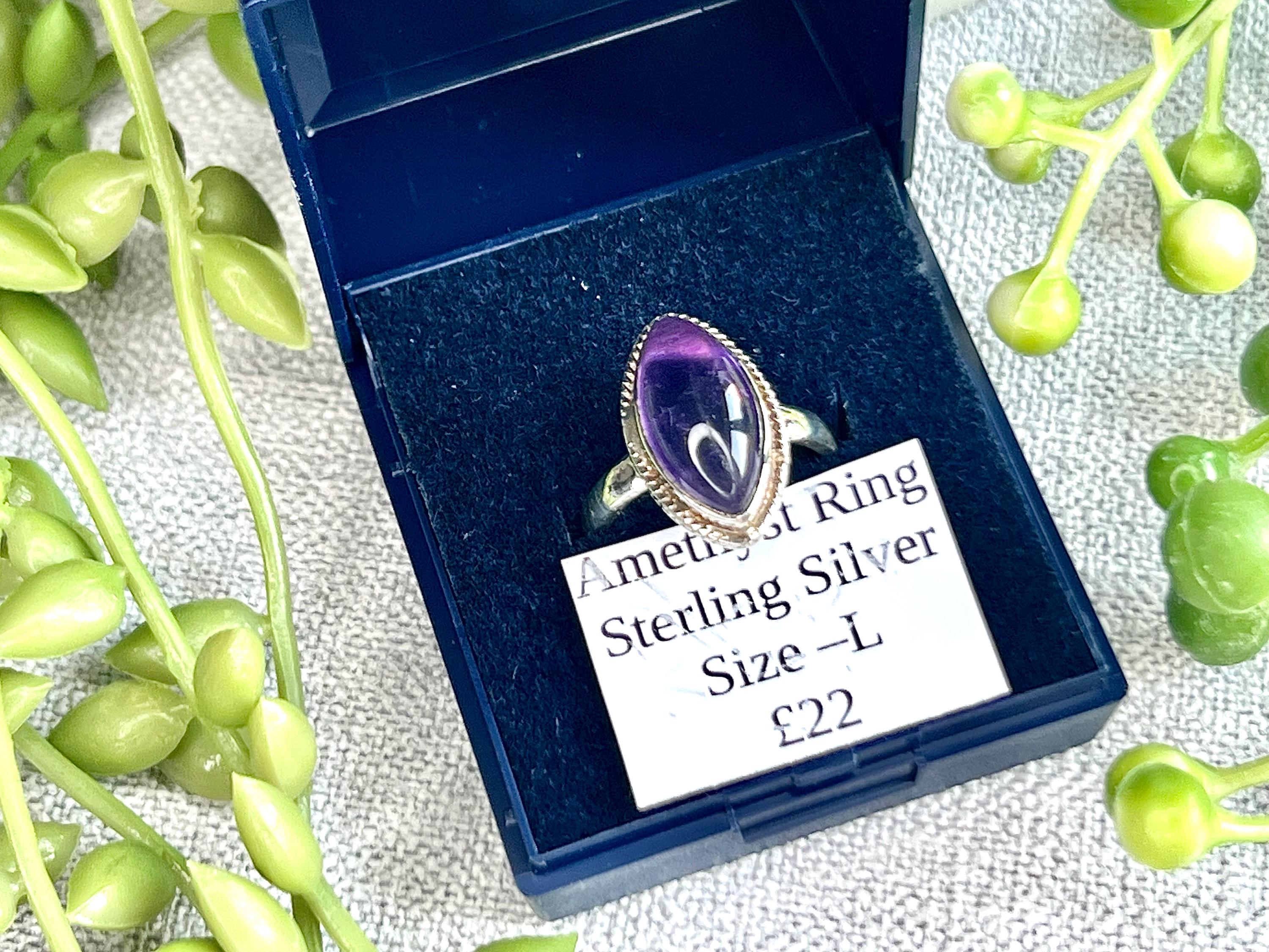 Amethyst Crystal Ring, UK Size L & 1/2, 925 Sterling Silver, Healing Crystal Jewellery Gift, Purple Gemstone for anxiety, Ethically sourced