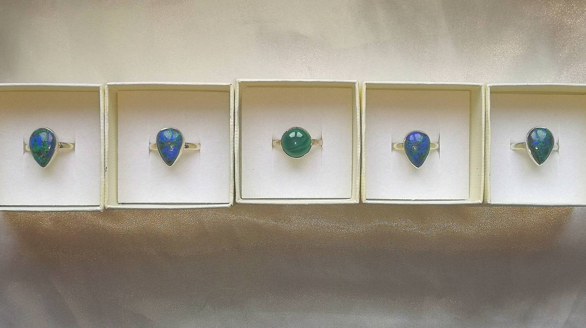 Azurite and Malachite Rings, Sterling Silver sizes P Q and S, Consciously Sourced Healing Crystals, Christmas Gift