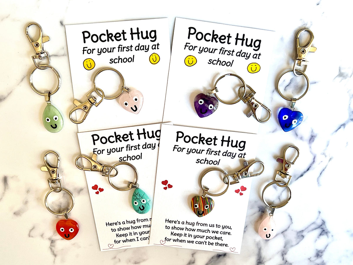 First Day at School Pocket Hug, 1st Day good luck gift, Crystal book bag charm, keyring and card, Choose Rose Quartz, Howlite, Amethyst