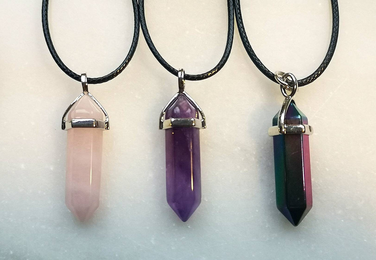 Crystal Point Necklaces, Rose Quartz Necklace, Amethyst Necklace, Rainbow Hematite Necklace, UK Crystals, Ethically Sourced, Crystal Gift