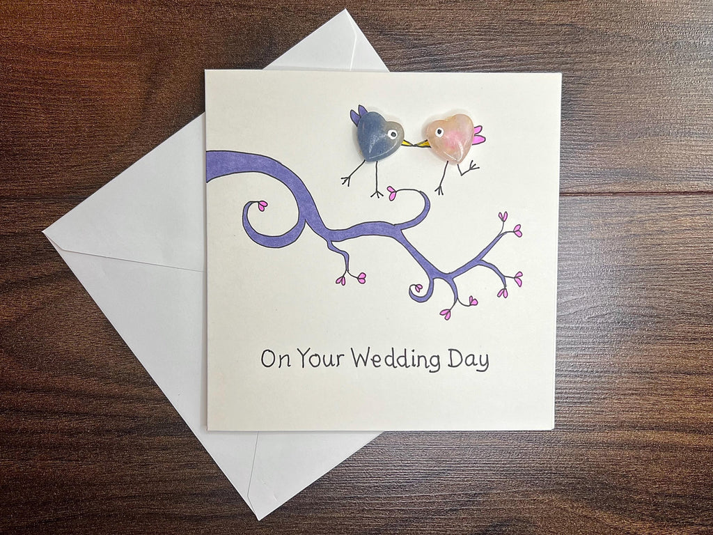 Wedding Crystal Cards, Pocket Hug Greetings Card for Bride and Groom, Handmade Keepsake Gift, Pink, Blue and Purple Amethyst Heart Gemstones