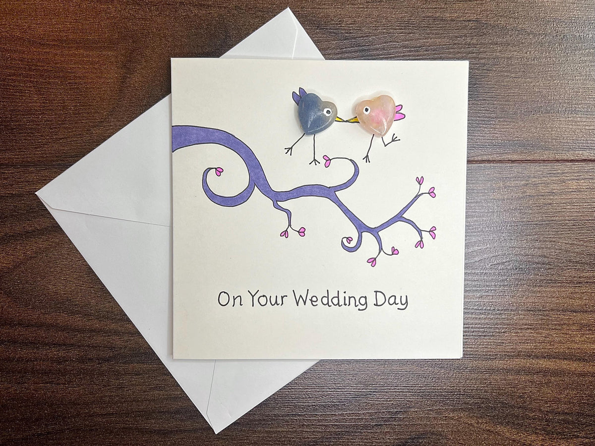 Wedding Crystal Cards, Pocket Hug Greetings Card for Bride and Groom, Handmade Keepsake Gift, Pink, Blue and Purple Amethyst Heart Gemstones