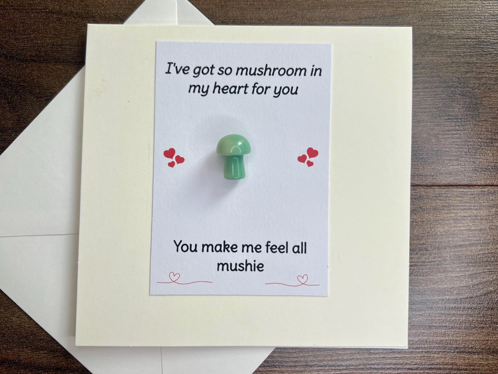 Mushroom Crystal Cards, You make me feel all mushie, Pocket Hug Birthday Card, Funny Gemstones, Gift for him or her, Amethyst, Rose Quartz