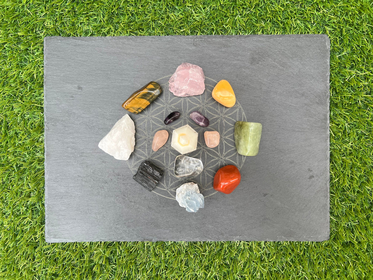 Slate flower of life crystal grid, balance your chakras charging plate, Altar decoration, crystal gift from the UK
