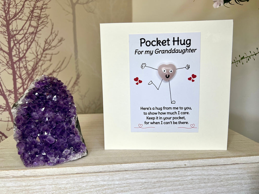 Granddaughter Rose Quartz Crystal Heart Card, Pocket Hug Greetings Card for Grandchild, Handmade Birthday, Miss You, Thinking Of You Gift