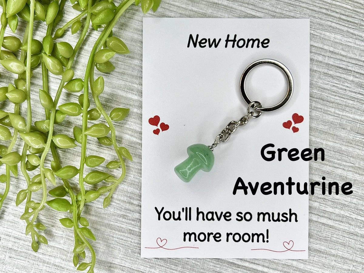 Crystal Mushroom Keyring, Jade Gift, Clear Quartz, Green Aventurine, Tigers Eye, Red Jasper, Sodalite, Dalmatian Jasper, Gift for new home