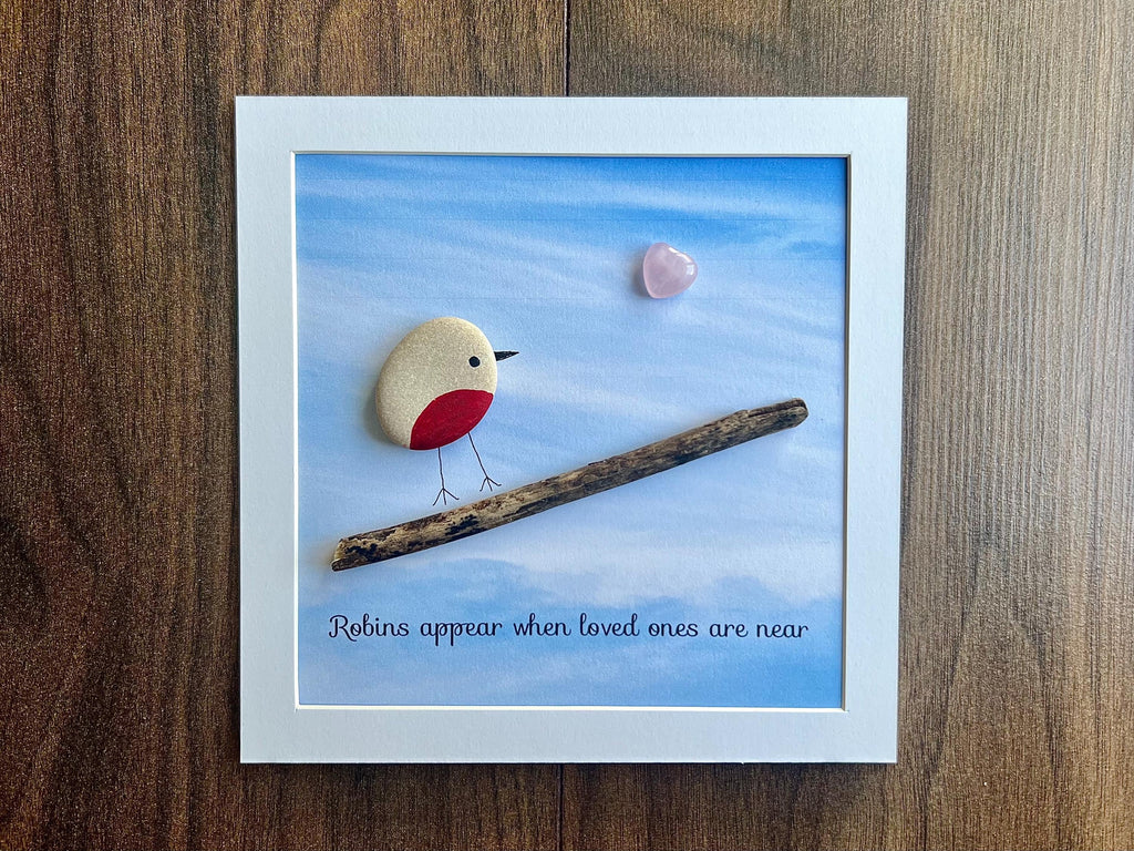 Robins Apear When Loved Ones Are Near, Hand Painted Pebble Art Frame, Remembrance Wall Art, Memorial Keepsake, Sympathy Gift for Bereavement