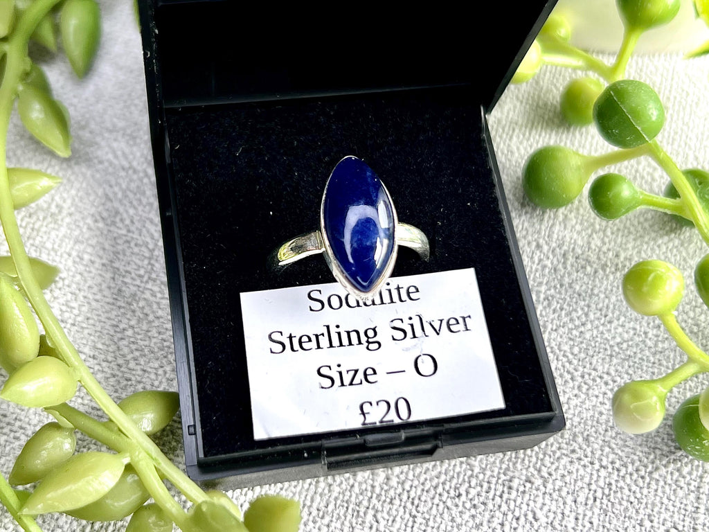Sodalite Crystal Ring Size O, 925 Sterling Silver, Healing Crystal Jewellery Gift for her, Blue Gemstone for calm, UK Ethically sourced