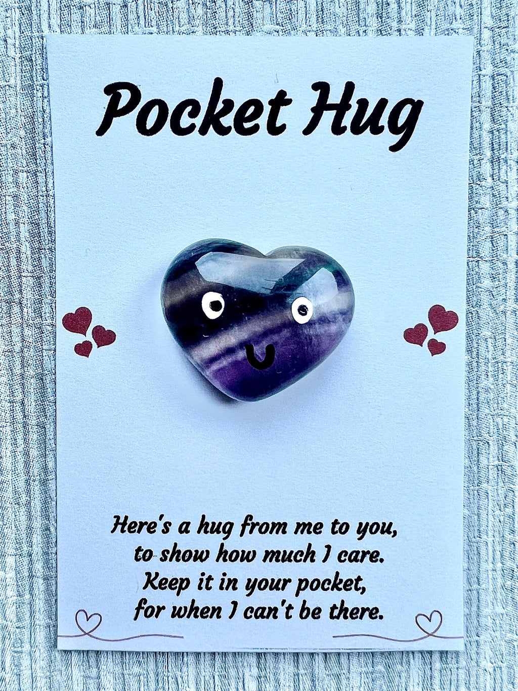 Fluorite crystal pocket hug heart, Valentine’s letterbox gift, Mother’s Day, I miss you gift, love you, thinking of you, thank you gift