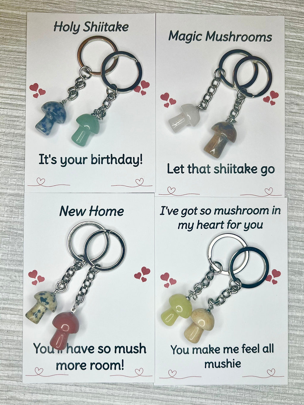 Crystal Mushroom Keyring, Jade Gift, Clear Quartz, Green Aventurine, Tigers Eye, Red Jasper, Sodalite, Dalmatian Jasper, Gift for new home