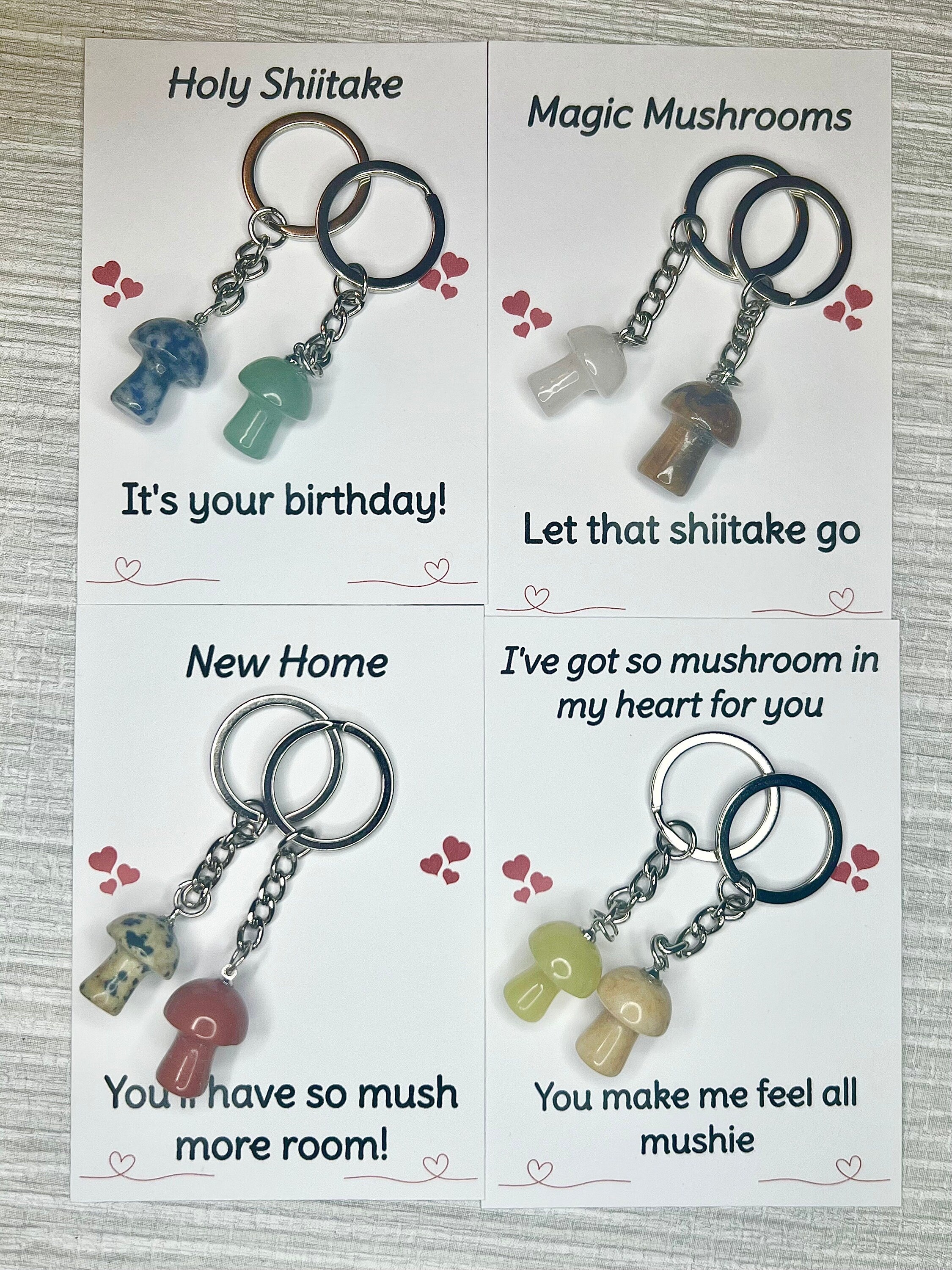 Crystal Mushroom Keyring, Jade Gift, Clear Quartz, Green Aventurine, Tigers Eye, Red Jasper, Sodalite, Dalmatian Jasper, Gift for new home