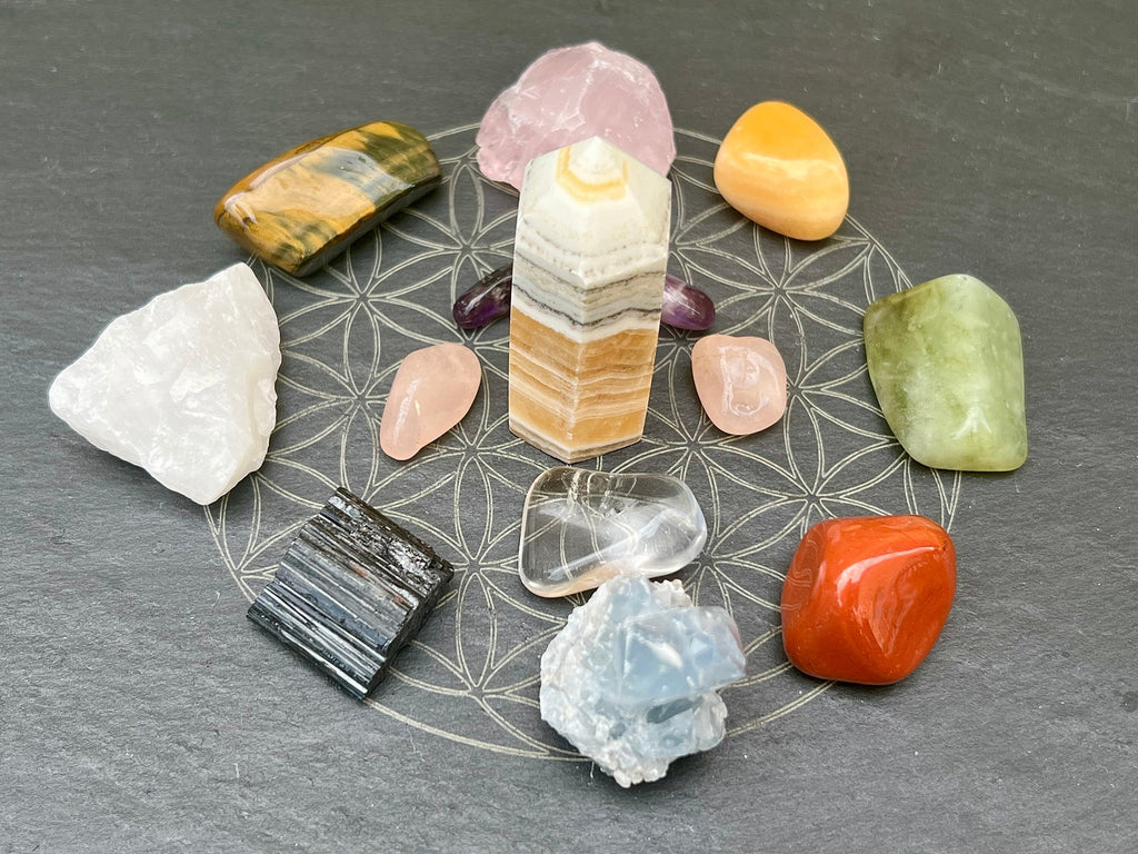 Slate flower of life crystal grid, balance your chakras charging plate, Altar decoration, crystal gift from the UK