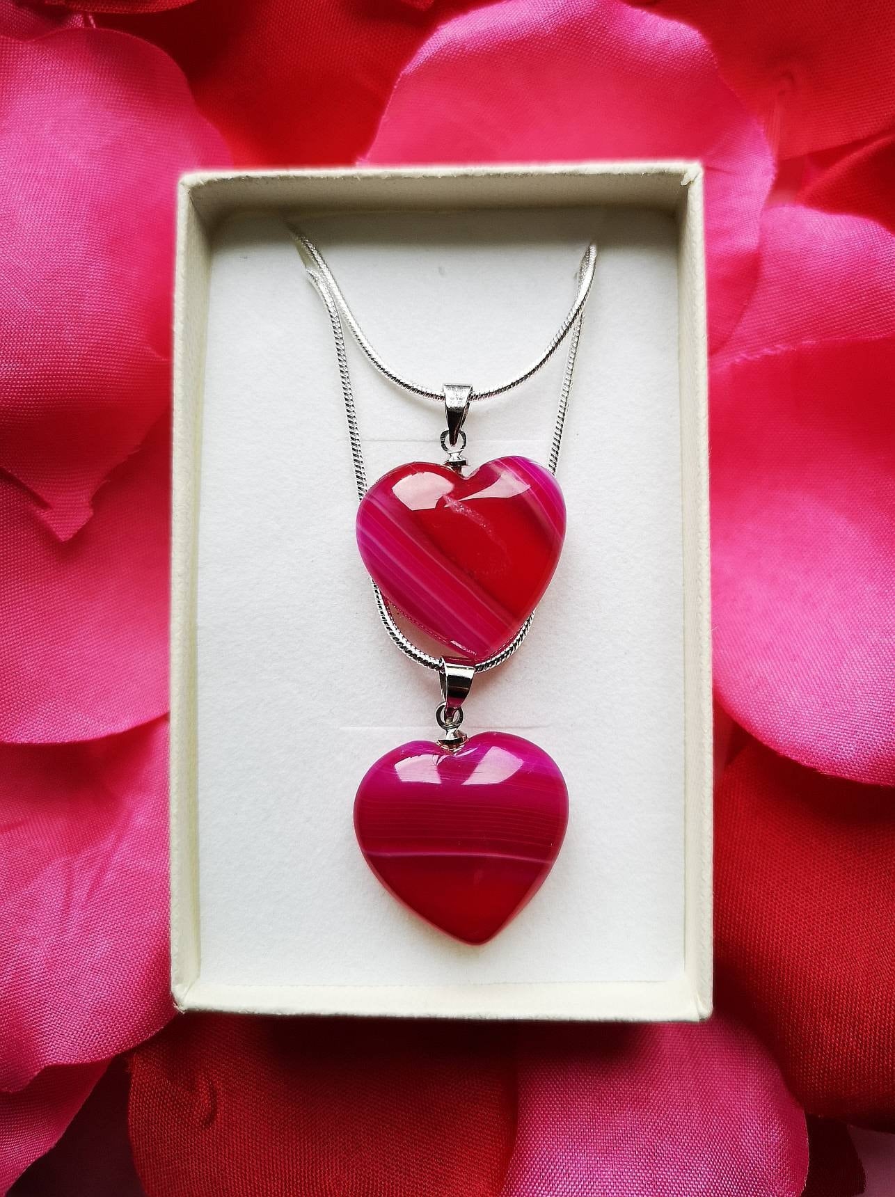 Two Matching Pink Agate Heart Crystal Necklaces on Silver Chains, UK Crystals, Ethically Sourced, Crystal Birthday Gift, Crystal Jewellery