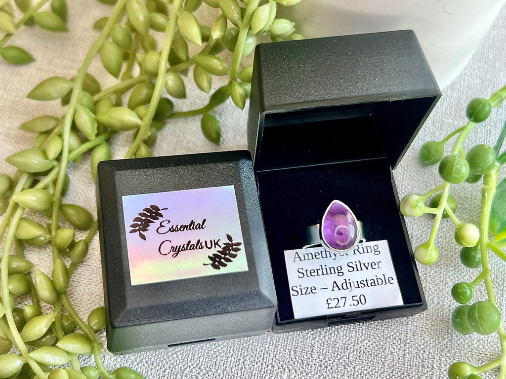 Amethyst Crystal Ring Adjustable, 925 Sterling Silver, Healing Crystal Jewellery Gift, Purple Gemstone for anxiety, UK Ethically sourced