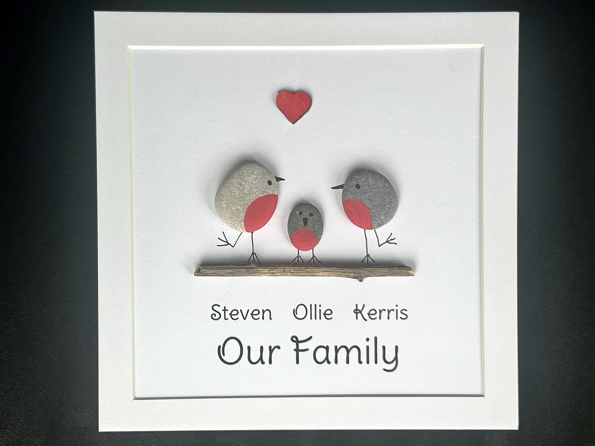 Family Pebble Art Frame, Personalised hand painted Robins, Newborn Wall art gift for New Baby Parents, Bird lovers gift for Grandparents