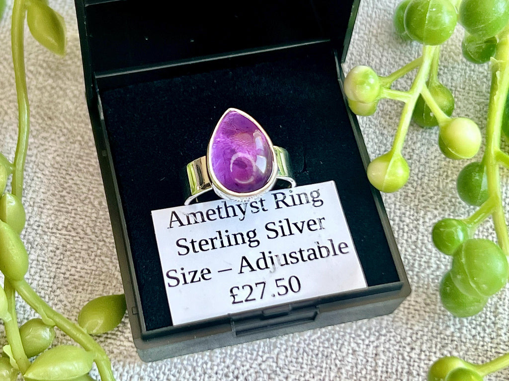 Amethyst Crystal Ring Adjustable, 925 Sterling Silver, Healing Crystal Jewellery Gift, Purple Gemstone for anxiety, UK Ethically sourced