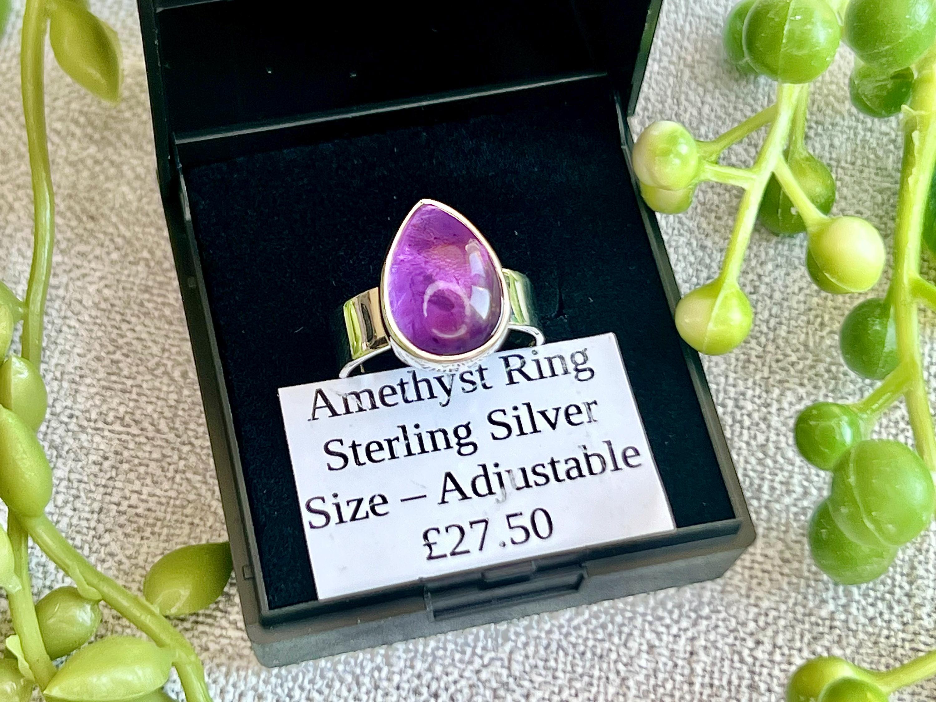 Amethyst Crystal Ring Adjustable, 925 Sterling Silver, Healing Crystal Jewellery Gift, Purple Gemstone for anxiety, UK Ethically sourced