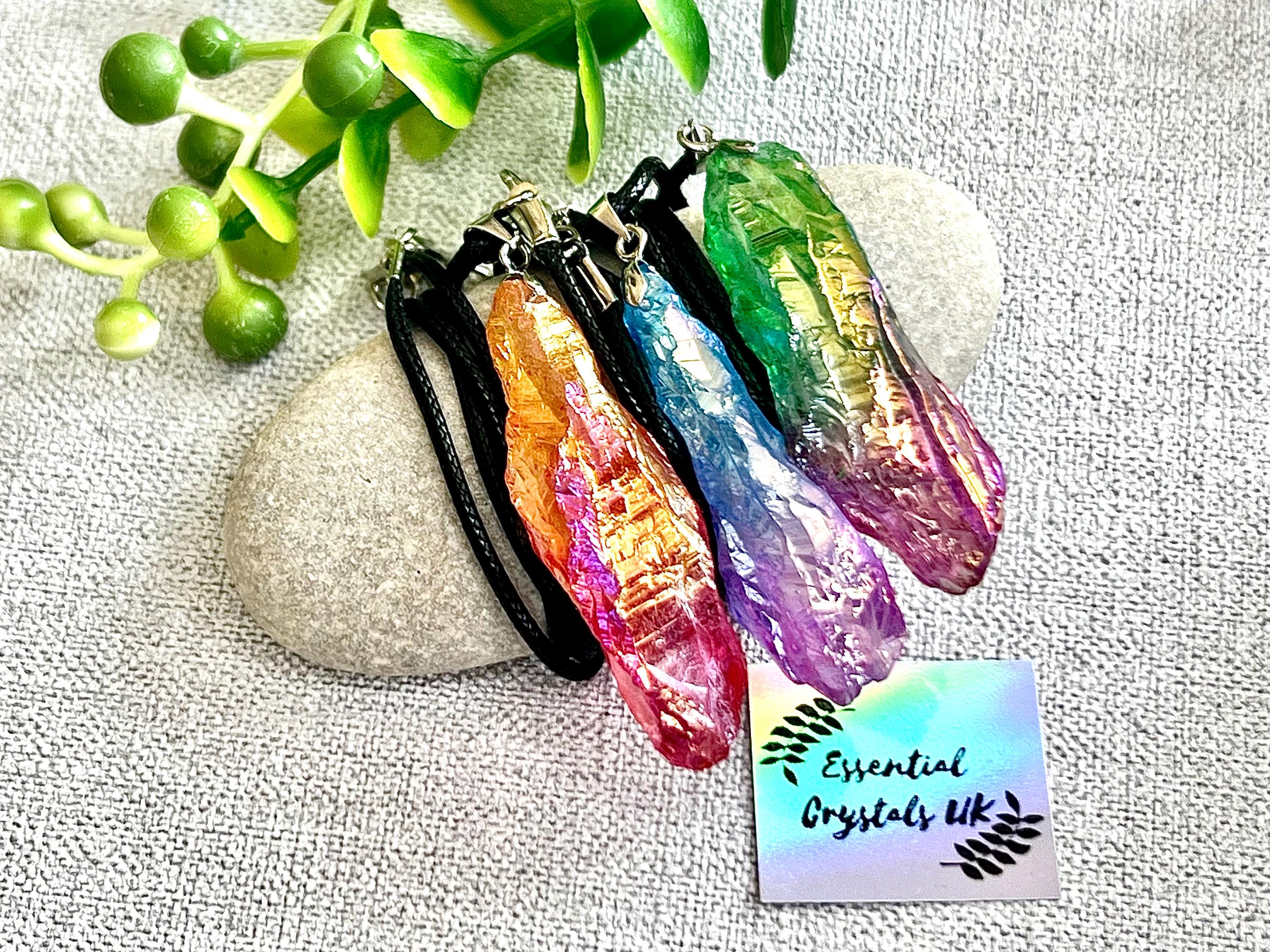 Aura Quartz Crystal pendants, Pink and Blue “Candy Floss”, Red / Orange “flame”, Green / Purple “mermaids tails”, Gemstone necklace gift