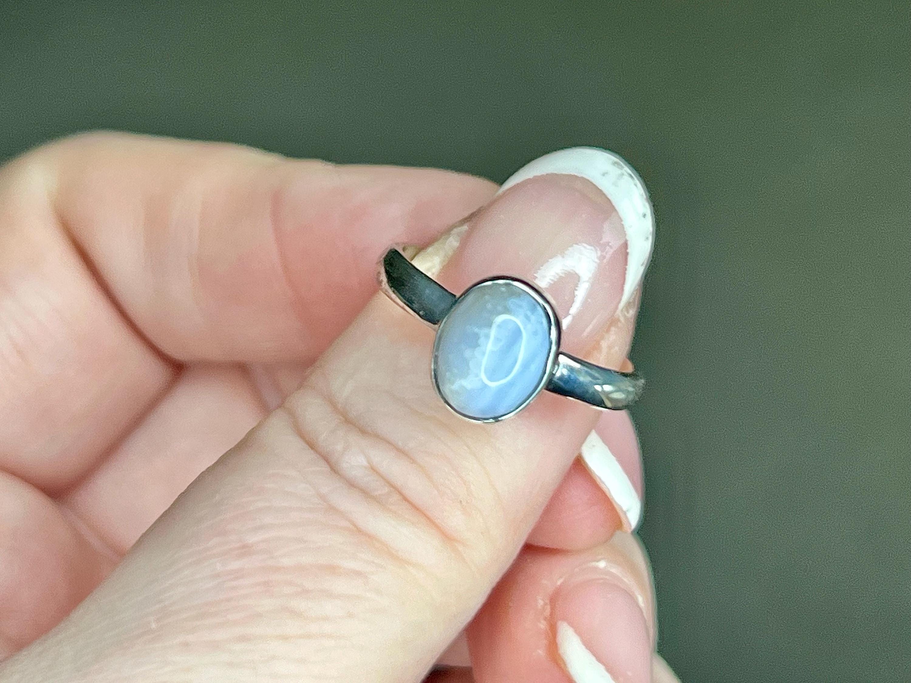 Blue Lace Agate Crystal Ring, UK Size P, 925 Sterling Silver, Healing Crystal Jewellery Gift, Purple Gemstone for anxiety, Ethically sourced