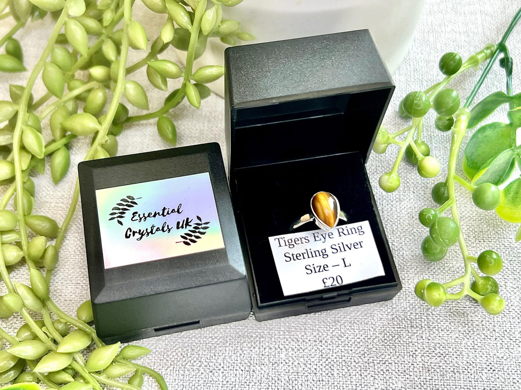 Tigers Eye Crystal Ring Size L, 925 Sterling Silver, Healing Crystal Jewellery Gift, Golden Gemstone for strength, UK Ethically sourced