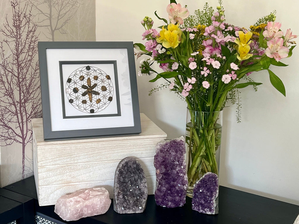 Tigers Eye, Clear Quartz and Black Tourmaline crystal grid art work, framed crystal picture for protection, wall art for friend, wife, boy