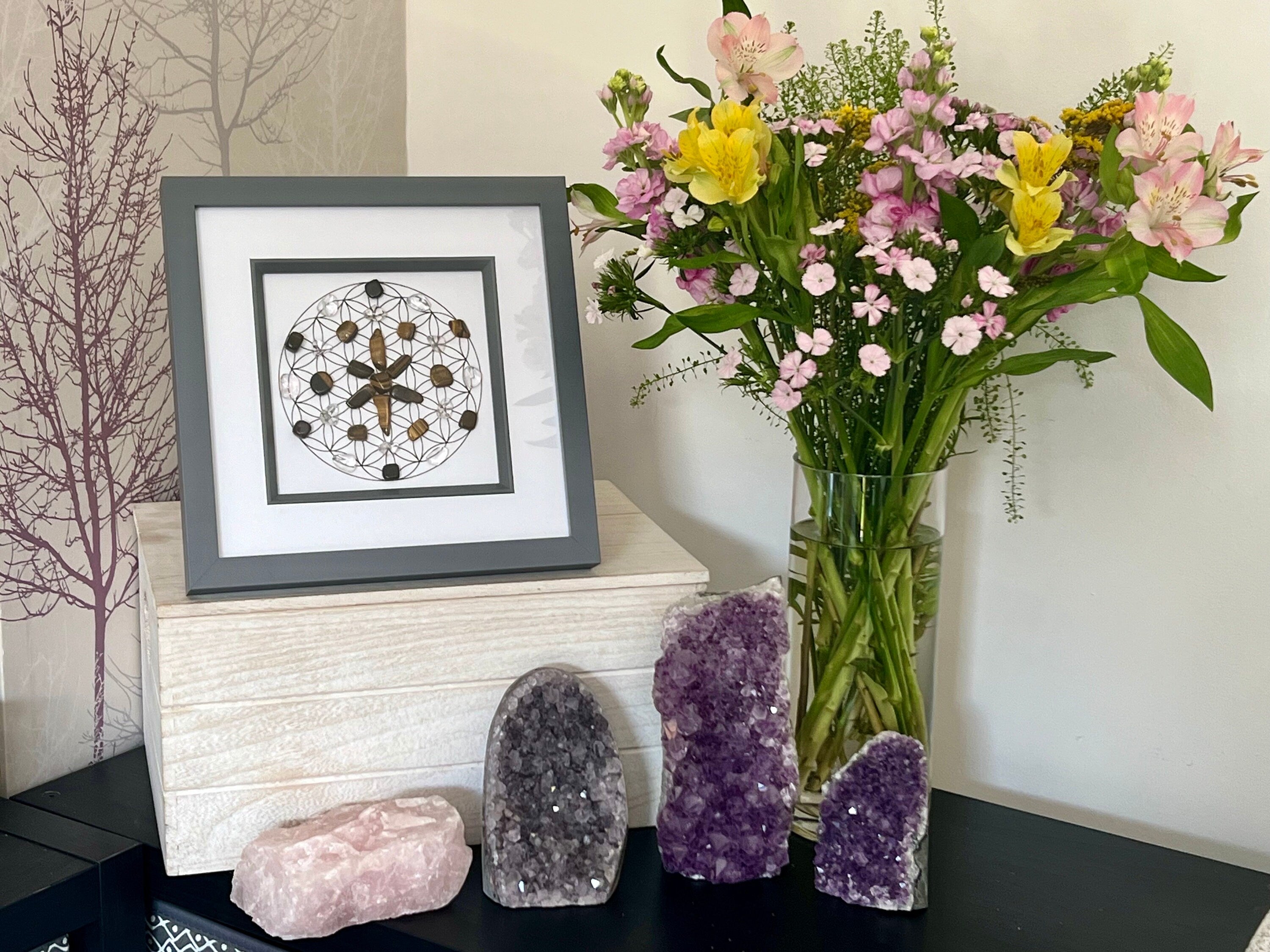 Tigers Eye, Clear Quartz and Black Tourmaline crystal grid art work, framed crystal picture for protection, wall art for friend, wife, boy