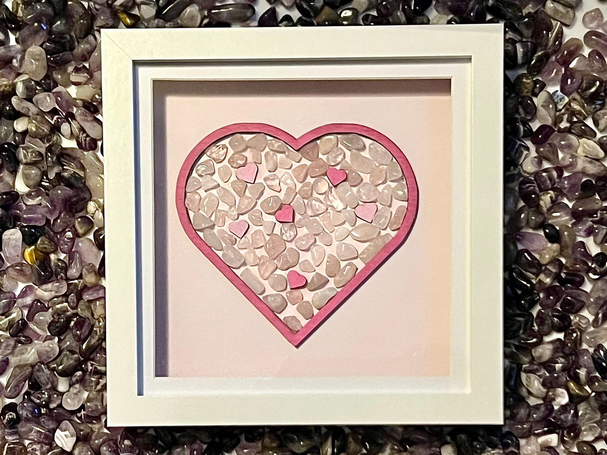Framed Rose Quartz heart, crystal for love, metaphysical shop, wall art decor, pink gemstone birthday gift for her, crystal present