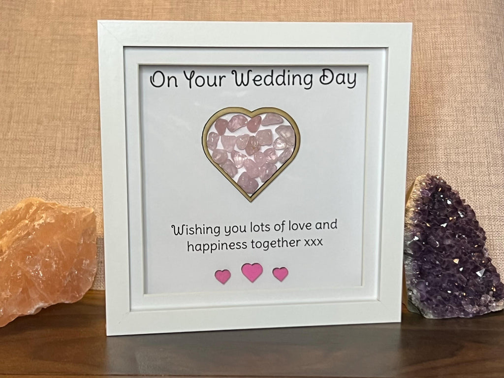 Wedding keepsake gift, framed Rose Quartz crystal heart, metaphysical shop, wall art decor, Bride and Groom gemstone gift, crystal present