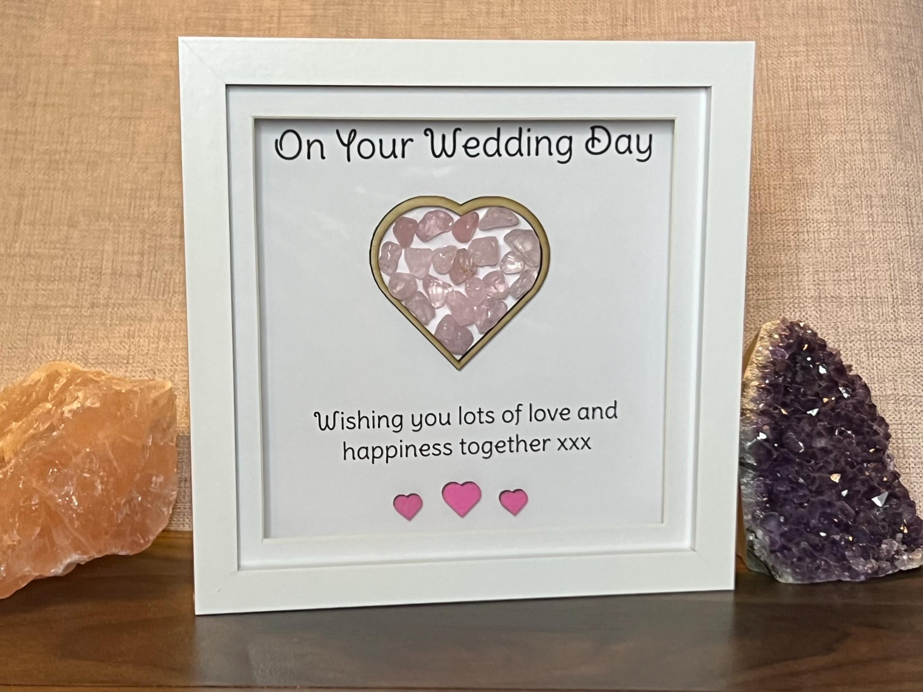 Wedding keepsake gift, framed Rose Quartz crystal heart, metaphysical shop, wall art decor, Bride and Groom gemstone gift, crystal present