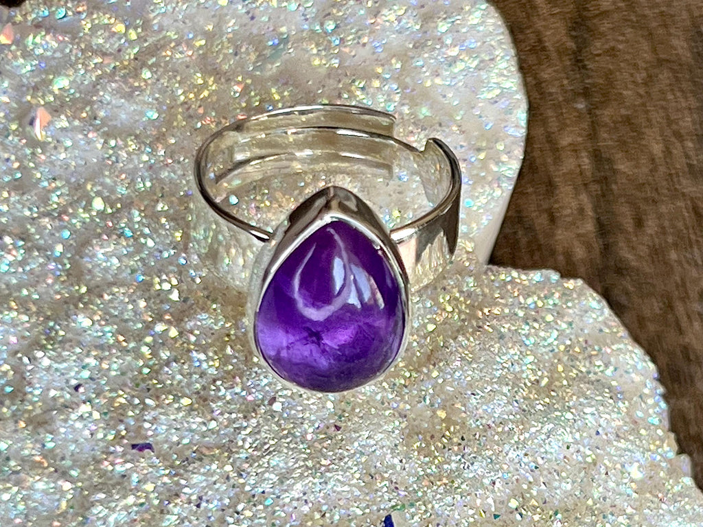Amethyst Crystal Ring Adjustable, 925 Sterling Silver, Healing Crystal Jewellery Gift, Purple Gemstone for anxiety, UK Ethically sourced