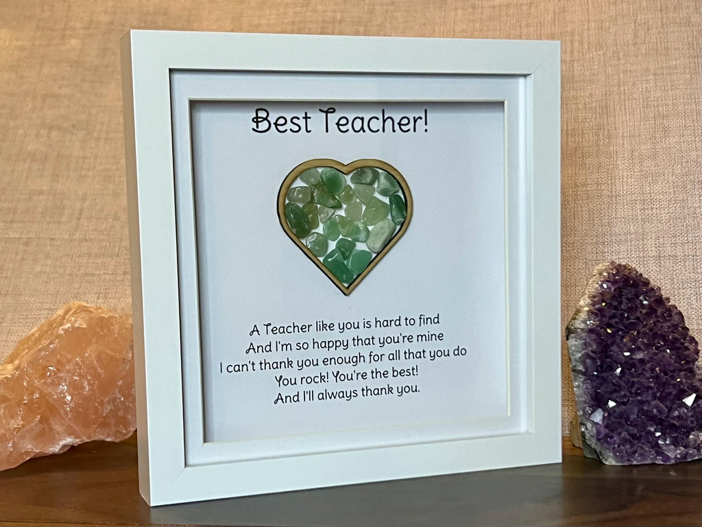Teacher thank you gift, framed crystal heart and poem, metaphysical shop, wall art decor, aventurine gemstone gift, green crystal present