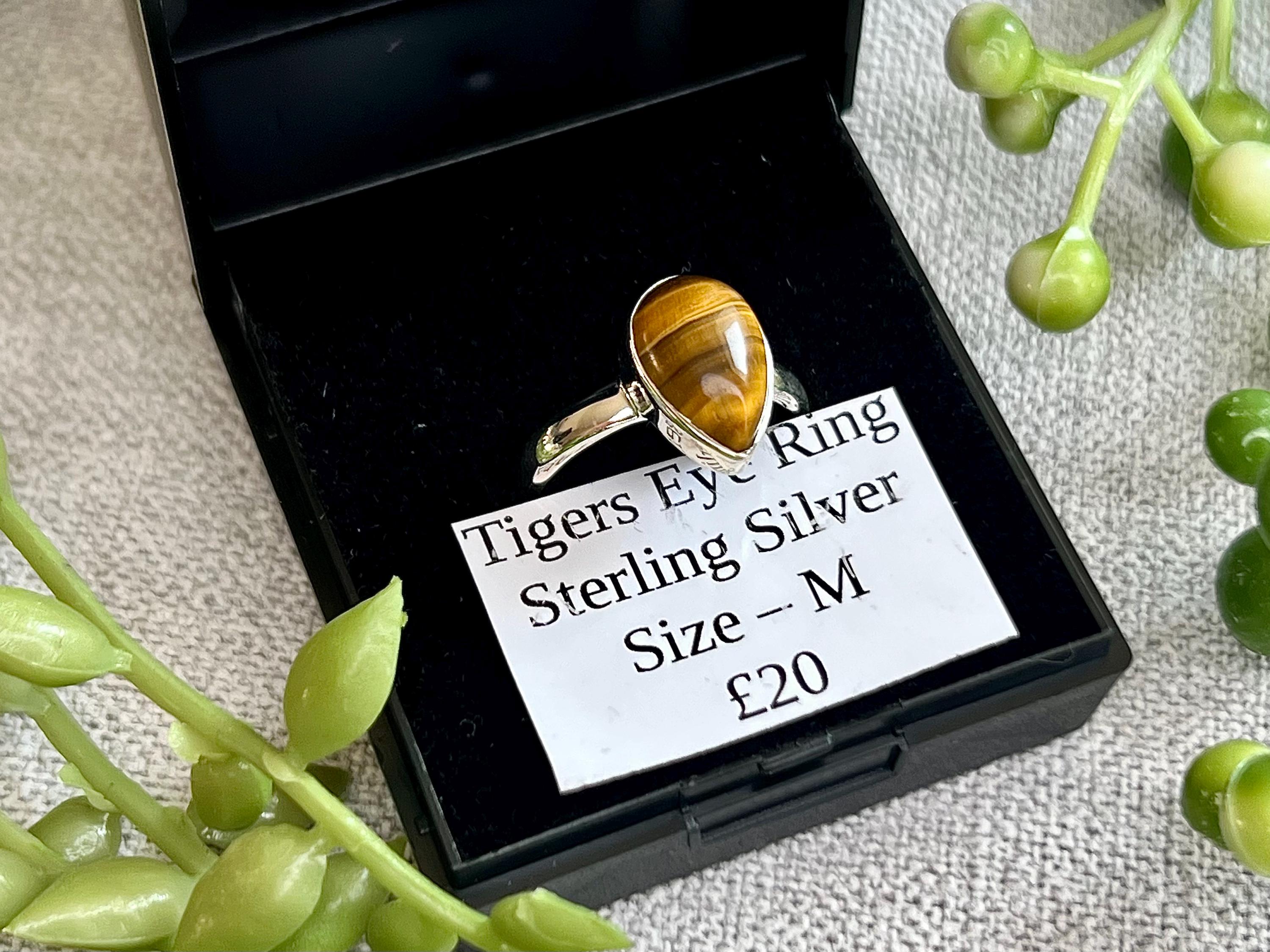 Tigers Eye Crystal Ring Size M, 925 Sterling Silver, Healing Crystal Jewellery Gift, Golden Gemstone for strength, UK Ethically sourced